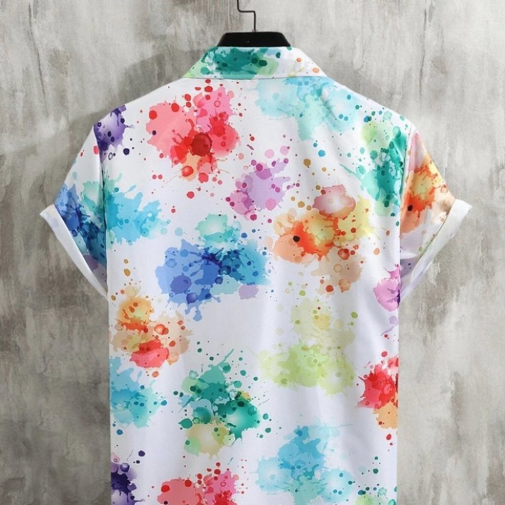 White Vacation Style Men's Splatter Paint Shirt - Picture 3 of 8